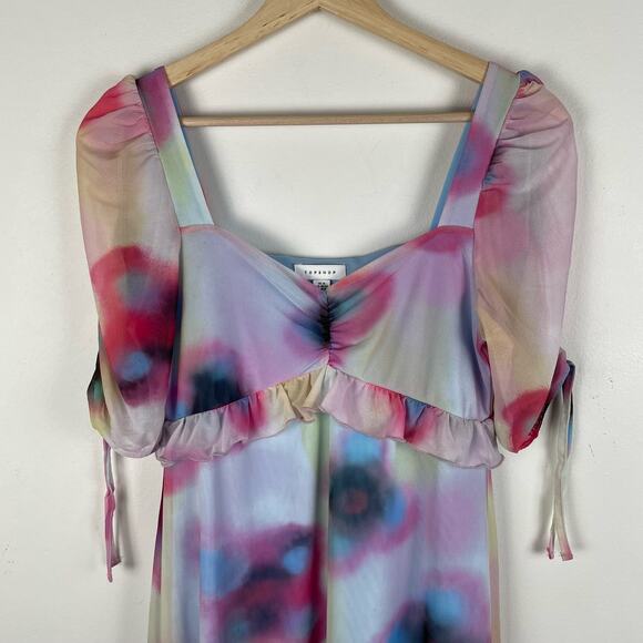 Topshop Spray Paint Floral Mini Tea Dress in Blue Purple Multi Size Medium 8-10 - Picture 2 of 8